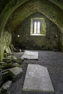 Gravestone lying on the ground in the ruins of Sligo Abbey (Dominican) founded 1253, Sligo, County