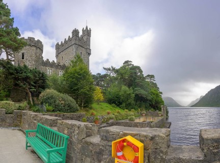 Castle seen from boat dock, Glenveagh National Park, Cross Roads, County Donegal, Ireland