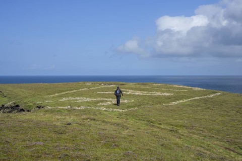 Eire sign from World War II, Portacloy loop cliff walk, Muingnabo, County Mayo, Ireland