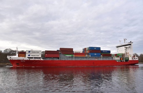 Container ship, RUTH sails in the evening in the Kiel Canal, NOK, Kiel Canal, Kiel Canal,
