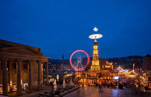Night view, Christmas market with Christmas pyramid, Ferris wheel, movement effect, New Palace,