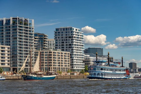 Incoming parade of ships and sailboats at Hafengeburtstag Hamburg 2025 in the Free Hanseatic City