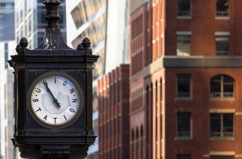 Toronto Union Station clock in front of Union Station, main city passenger transportation hub that