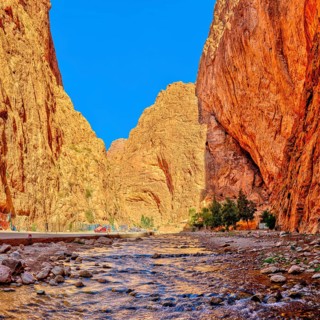 Dramatic gorge with river lined with towering red rocks, Todra Gorge in Morocco