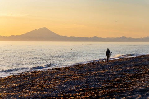 Young man walking along the beach at sunset, view across Cook Inlet to white mountain peaks of