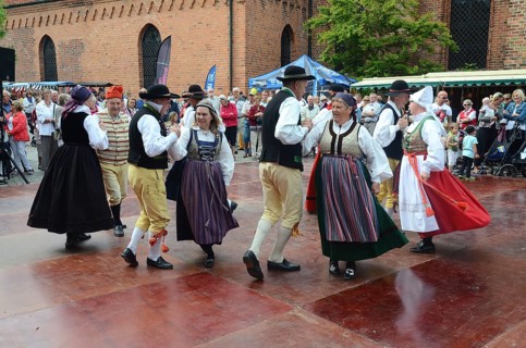 Folk dance performance with dancers in typical costumes from Skåne, in Ystad, Skåne County, Sweden,