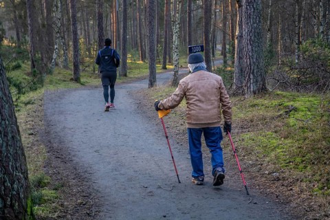 Exercisers on a forest path, a younger man running and an older man walking with poles in Ystad,