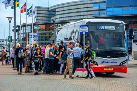 Traffic terminal at the port of Ystad, Skåne County, Sweden. Travelers from Bornholm board a bus