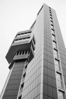Modern architecture, geometric lines photographed in black and white, former water tower of the