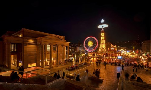 Night view, Christmas market with Christmas pyramid, Ferris wheel, New Palace, Schlossplatz,