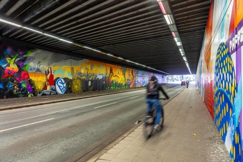 Huge street art pictures in a road tunnel in Gelsenkirchen, the approximately 120 meter long