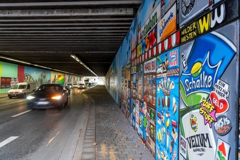 Huge street art pictures in a road tunnel in Gelsenkirchen, the approximately 120 meter long