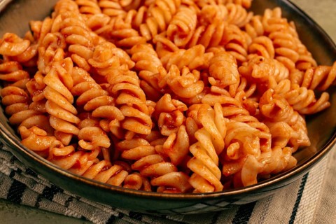 Fusilli pasta dish, made with tomato sauce, homemade, no people