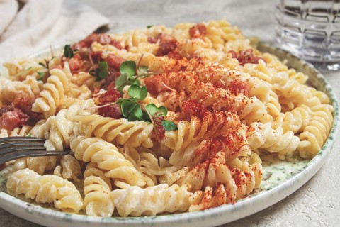 Fusilli pasta with cheese and bacon, homemade, no people