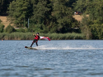 Boy or girl with wakeboard, sporty on the water, active water sports, wake park