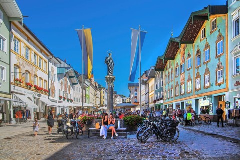 Historic market street with typical gabled houses, Bad Tölz. Isartal, Upper Bavaria, Bavaria,