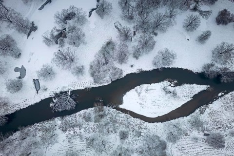 Winter landscape in frost, floodplain landscape, meander, icy, snowy, frost, frozen, river