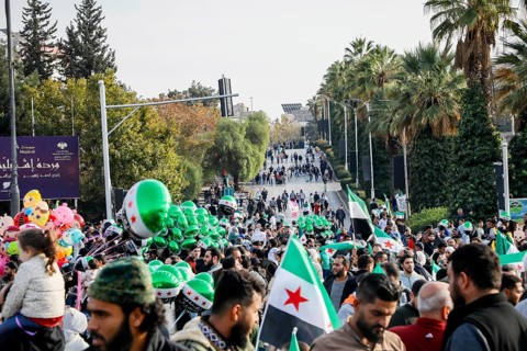 Damascus, Syria. November 28, 2025: Thousands of Syrians gather in Umayyad Square in central