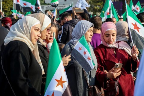 Damascus, Syria. November 28, 2025: Thousands of Syrians gather in Umayyad Square in central