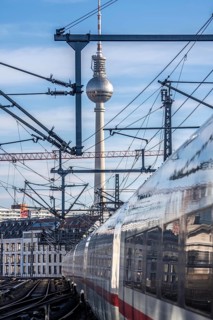 Railway line in Berlin, east of Friedrichstraße station, looking east, Berlin TV tower, ICE train