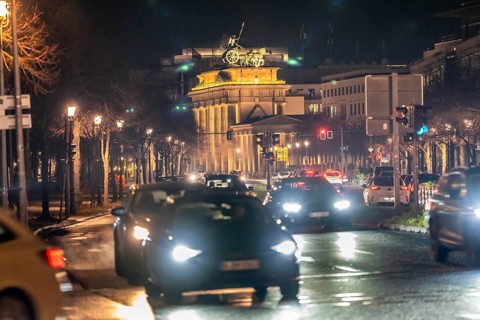 Evening traffic on Ebertstraße, on 18th March Square, Brandenburg Gate, Berlin, Germany