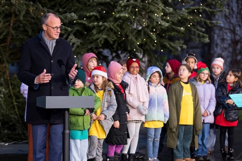 Friedrich Merz (CDU, Federal Chancellor of the Federal Republic of Germany) speaks in front of the