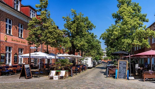 Catering, retail and typical, historic architecture in the Dutch Quarter in Potsdam, Brandenburg,