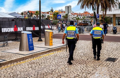 Police officers in uniform on the streets in the resort town of Cascais, Portugal