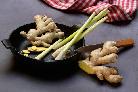 Ginger, ginger root and lemongrass in pot