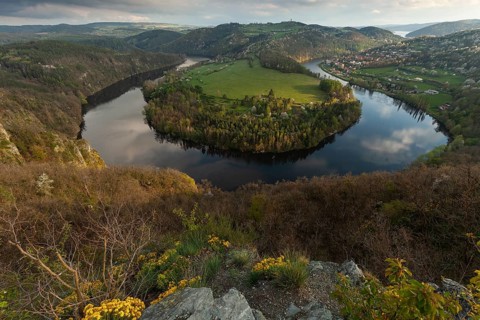 Sunset on spring evening at the loop of the Vltava (Vltava) View of Solenice Central Bohemia Czech