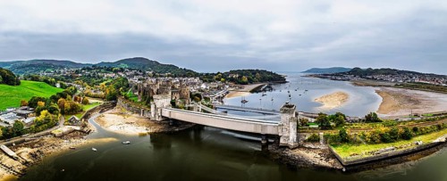 Conwy Castle over River Convy from a drone, Convy, North Wales, England, United Kingdom