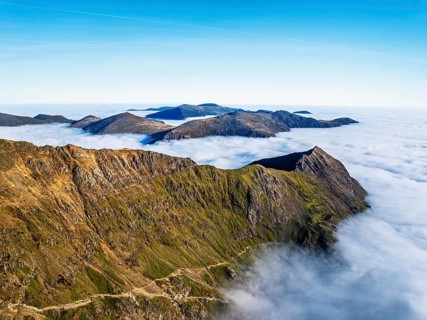 Snowdon Massif from a drone, Snowdon Range, Snowdonia, North Wales, UK