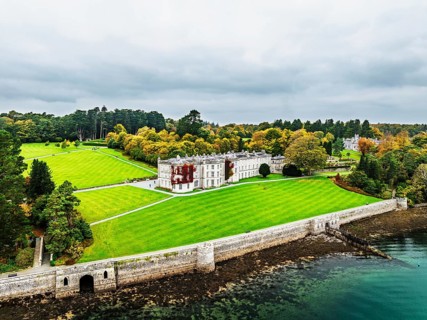Autumn over Plas Newydd House from a drone, Gardens and Parkland, Llanfairpwllgwyngyll, Anglesey,