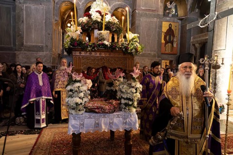 Orthodox priests at Epitaphios at Mass on Good Friday in the Catholicon of the Hosios Luke