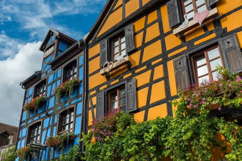 Decorated timber-frame house in the historic old town of Riquewihr, Ellsass