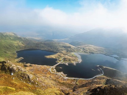 Pyg Track over Llyn Llydaw lake from a drone, Pen-y-Pass, mountain pass, Snowdonia, Gwynedd,