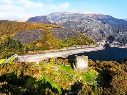 Autumn over Ruins of Dolbadarn Castle from a drone, Llanberis, Llywelyn, North Wales, UK