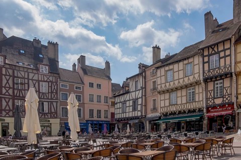 Half-timbered houses on Place Saint Vincent, Chalon-sur Saone, Saône-et-Loire department in the