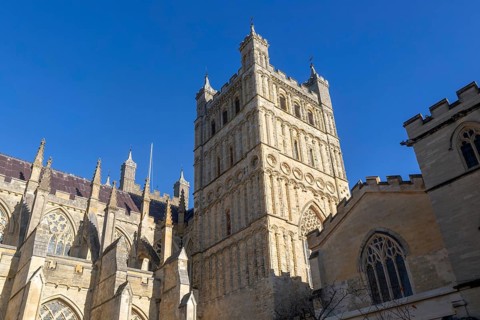 Norman architecture South Tower, Exeter cathedral church, Exeter, Devon, England, UK