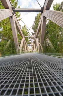 Architecturally impressive metal and wood bridge with glass railing against a wooded background,