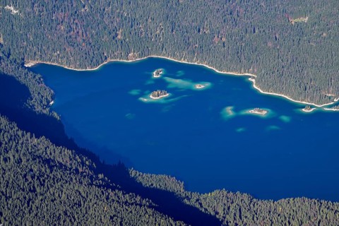 View of Lake Eibsee lake from the mountain station of the Zugspitz cable car (2962 m), Grainau