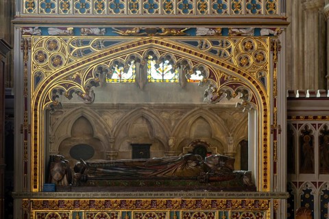 Memorial tomb effigy Bishop Walter Bronescombe died 1280 Exeter cathedral church, Exeter, Devon,