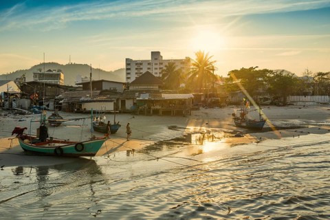 Colorful fishing boats on beach, sunset, Hua Hin, Prachuap Khiri Khan, Central Thailand, Thailand