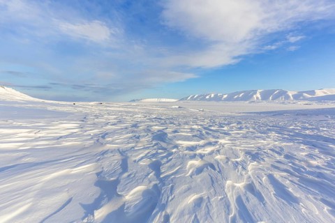 Desolate windswept snow covered Arctic landscape at Mohnbukta, bay at the western shore of