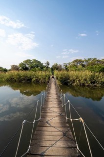 Toruist on the Kavango River, suspension bridge at Camp Kwando, Zambezi region, Caprivi Strip,