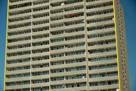 High-rise apartment building with balconies and satellite dishes, satellite town of Chorweiler in