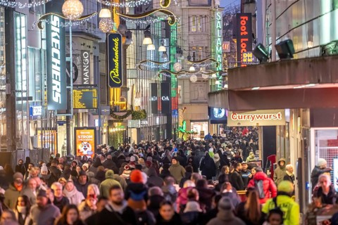 The Westenhellweg in Dortmund, pedestrian zone, city center, busy shopping street in mid-November,