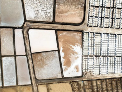 Salt mining plant, Salinas de Janubio, top-down, near Yaiza, drone shot, Lanzarote, Canary Islands,