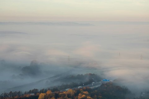 Aichelberg Alb climb of the A8 in thick fog on an autumn morning. Lkr. Göppingen,