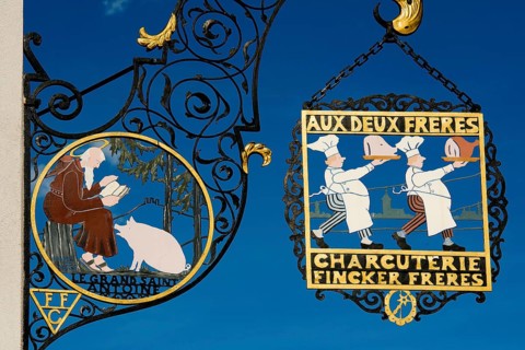 Nose sign of a butcher shop, old town, Colmar, Alsace, France